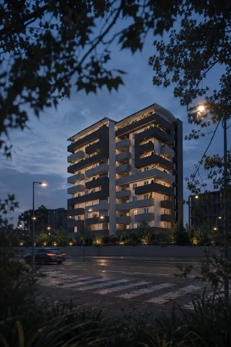 Render esterno notturno di un edificio residenziale a torre