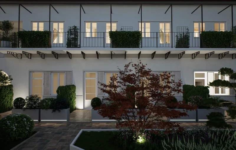 Render del giardino interno di un edificio residenziale