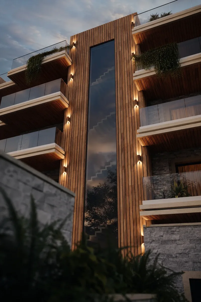 Render del dettaglio di una facciata con inserti in legno