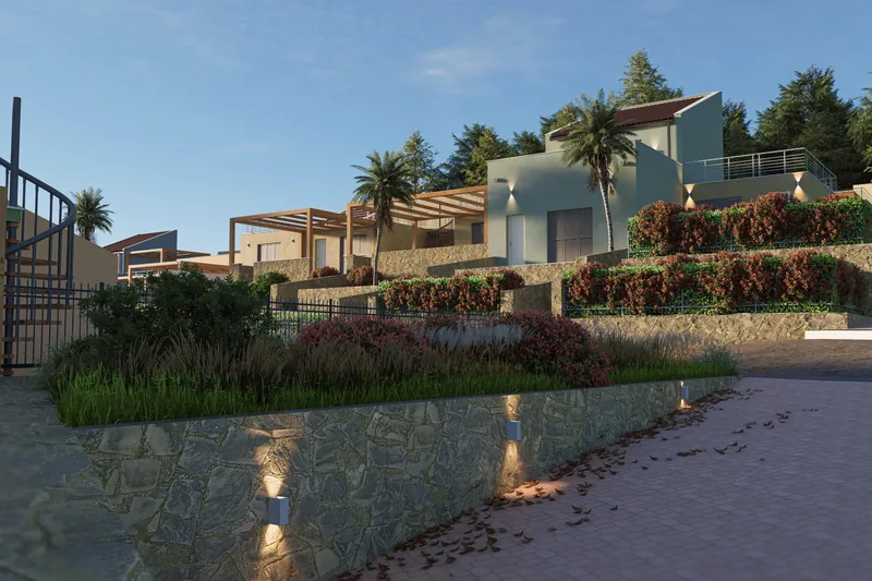 Render esterno di un complesso di residenze su un pendio