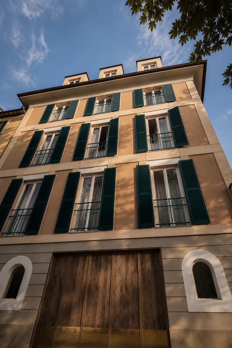 Render dal basso della facciata di un palazzo con persiane verdi