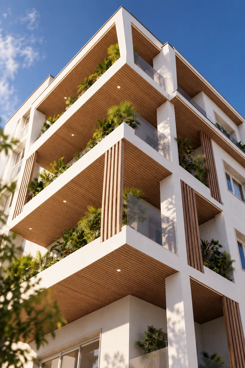 Render dal basso di un edificio residenziale con terrazze in legno e verde
