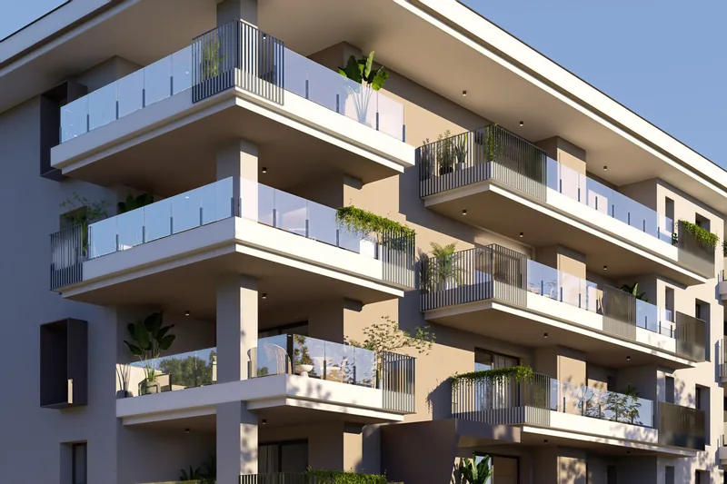 Render esterno di una palazzina con balconi in vetro