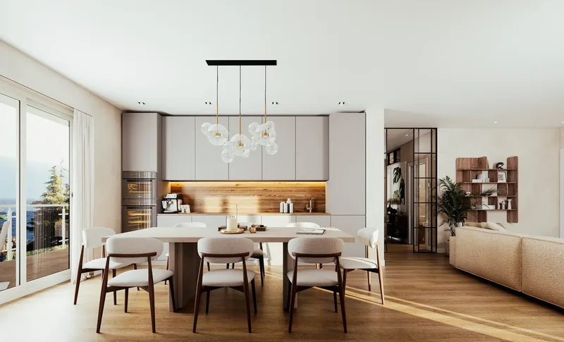 Render di una zona pranzo con cucina a vista