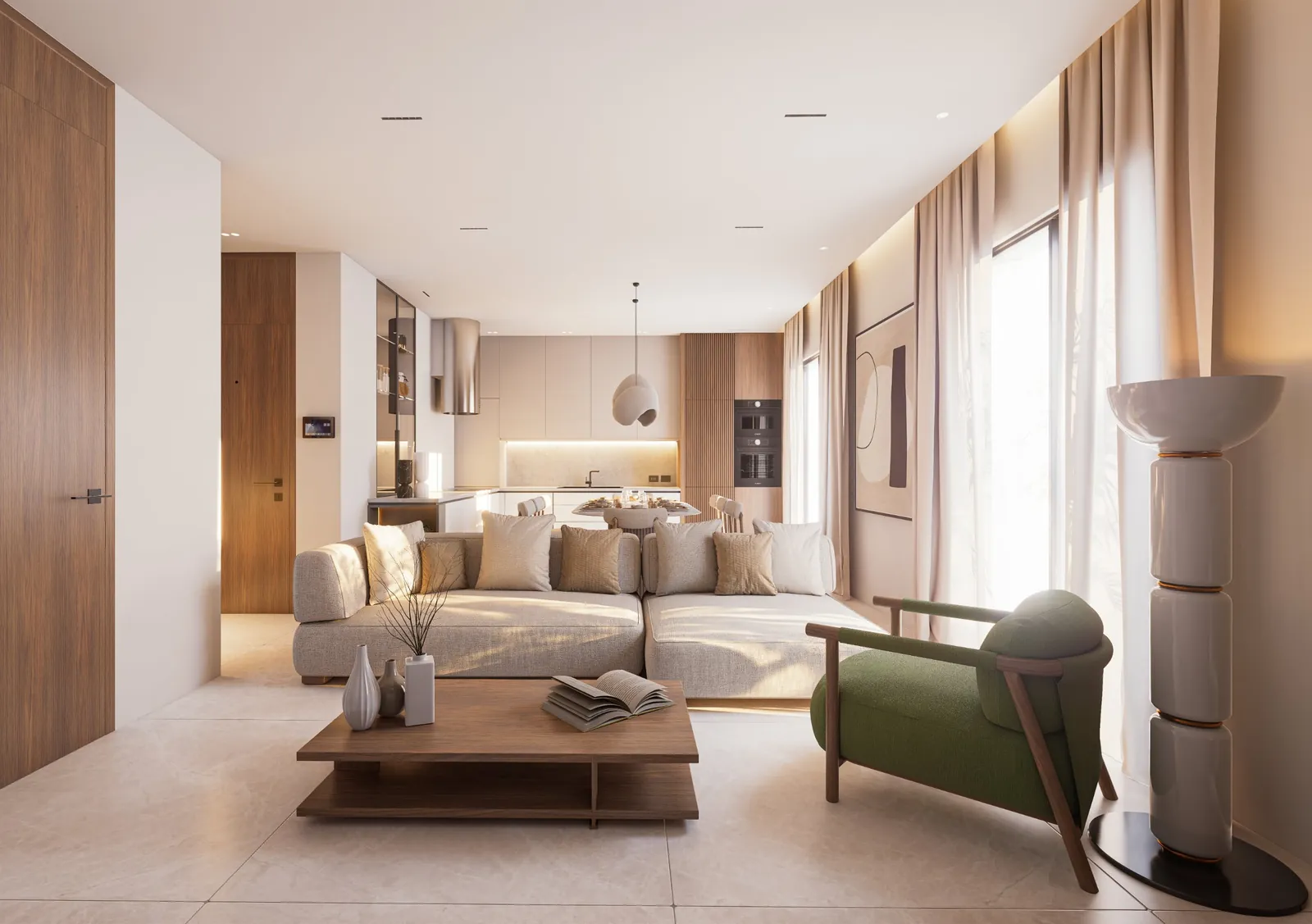Render di interni: soggiorno con cucina a vista, divano chiaro e poltrona verde