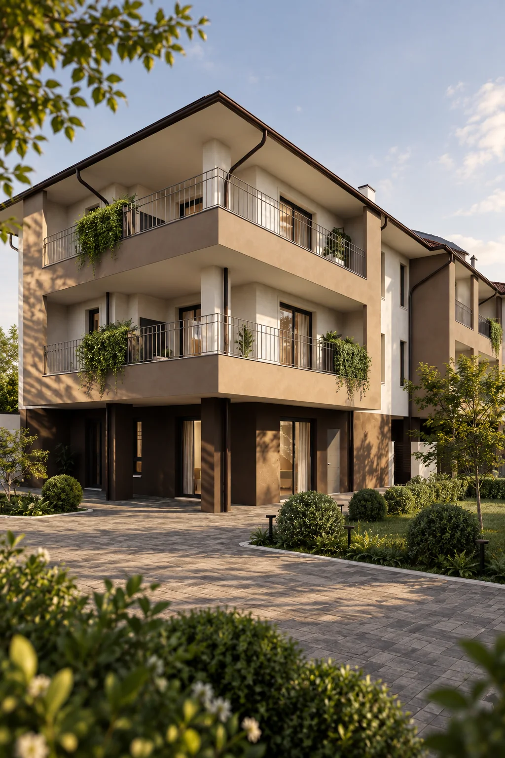 Render esterno di una palazzina residenziale su tre livelli, con balconi fioriti e giardino